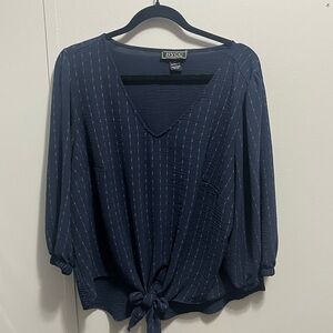NYC Navy V-Neck Tie-Front Blouse with Pinstripes